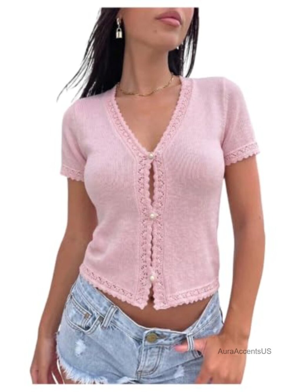 Women's Lightweight Cropped Cardigan Sweater with Lace Trim Pearl Buttons Short